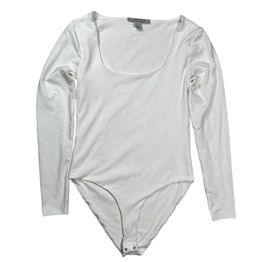 Allsaints Women's Jamie White Long Sleeve Bodysuit Sz 4 Snap Closure Bodycon